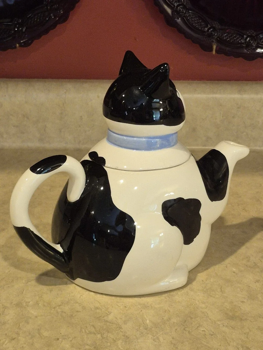 Black and White Cat Teapot with Blue Collar - Ceramic Pet Décor Unbranded